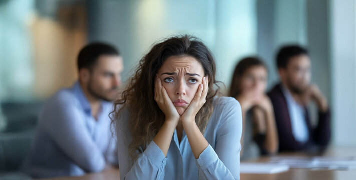 Sick businesswoman coughing at a seminar while colleagues fear the coronavirus and hide.. Generated image