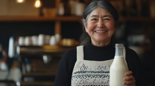 Smiling Woman Holding Milk Bottle in Cozy Cafe Setting