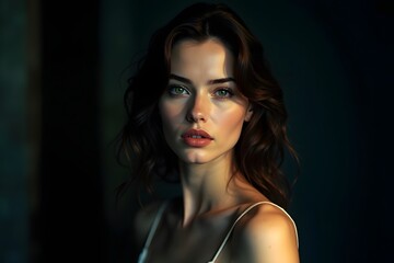 Fototapeta premium Beautiful and brunette girl on dark background - portrait