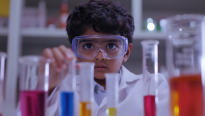 Young aspiring scientist conducts a colorful experiment with test tubes. Education, discovery, and learning come together in a fun and engaging science lab.