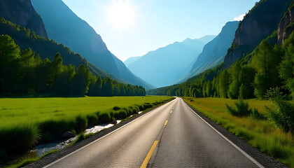Fototapeta premium A long, open road winds through a lush green valley surrounded by mountains and trees.