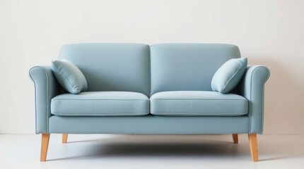 Fototapeta premium Serene Light Blue Sofa: Elegant Minimalist Design with Wooden Legs