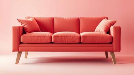 Fototapeta premium Coral Sofa: Minimalist Design in a Soft Pink Setting