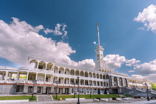 Moscow, Russia, May 15, 2025: The building of the northern river station against the background of a blue sky.