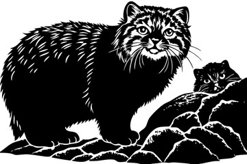 Obraz premium Silhouette design of pallas's cat and den wildlife habitat, pallas's cat, manul, cat, animal, silhouette, den, wildlife, nature, vector, illustration, graphic, design, black and white, outline, drawin