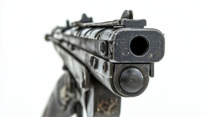 Naklejka premium A detailed view of a firearm highlights its intricate design. This image captures the essence of weaponry and its mechanical components. Generative AI