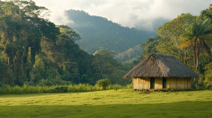 Rural hut, green valley, mountain backdrop, peaceful scene; travel brochure