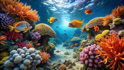Fototapeta premium Vibrant underwater scene showcasing a diverse array of colorful coral formations and a variety of tropical fish swimming amidst the reef