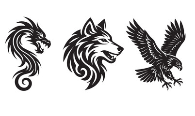 Tribal Animal Tattoo Set – Dragon, Wolf, and Eagle Silhouettes