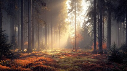 Sunbeams pierce a misty autumn forest, illuminating a path through tall trees and red foliage