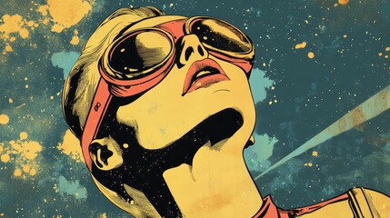 Woman looking upward retro futuristic illustration