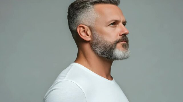 A man with a white shirt and gray hair. He is looking at the camera. Concept of maturity and wisdom