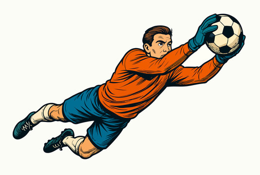 Portiere di calcio in tuffo mentre para il pallone. Generative AI
