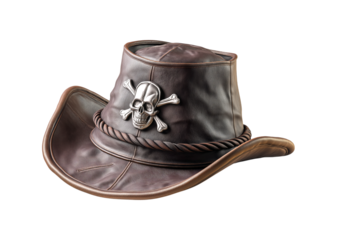 A brown leather pirate hat with a skull and crossbones design on transparent background
