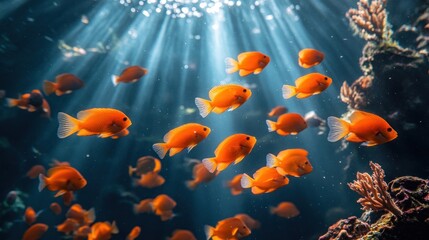 School of orange fish in aquarium