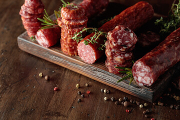Sliced dry cured sausages with peppercorns, thyme, rosemary, and garlic.