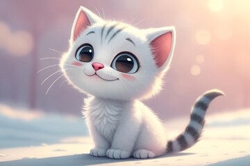 Adorable White and Gray Cartoon Kitten Sitting on Soft Pastel Background