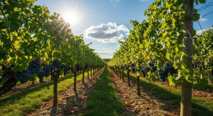 Naklejka premium Vineyard rows under golden sunlight