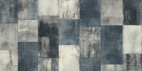 Abstract patchwork design in muted gray and blue tones.  Rectagular shapes create a repeating pattern.  Textured surfaces suggest a mottled, distressed effect