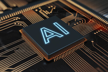 Close-up of AI chip on circuit board, showcasing copper lines and glowing letters, symbolizing artificial intelligence, technology, and innovation