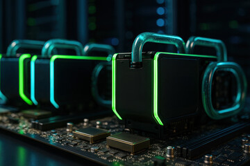 Close-up of high-performance liquid-cooled GPUs with neon lights in a modern data center, representing advanced computing technology