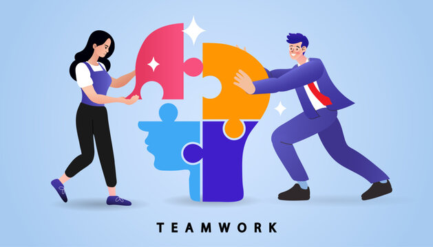 Working together to build success! A business team assembles puzzle pieces into a brain, symbolizing powerful teamwork, collaboration, and a smart business solution.