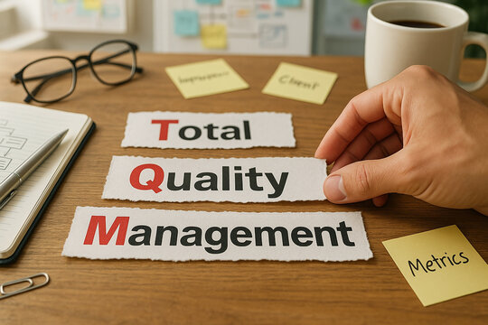 TQM total quality management acronym represented with separate paper strips and sticky notes emphasizing metrics and client input on a strategic planning desk..