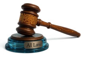Wooden judge's gavel with digital circuit patterns representing artificial intelligence law, isolated on transparent background