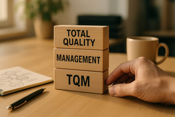 TQM concept displayed through stacked wooden blocks labeled total quality management, symbolizing hierarchical implementation of quality assurance in organizations..