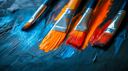 Obraz premium Paint Brush Strokes in Orange Blue and Red on Dark Surface
