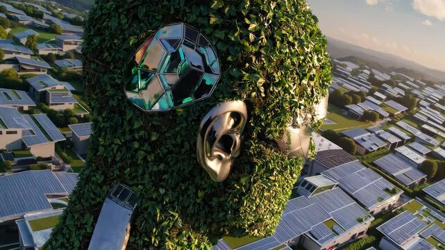 Green robot face rises above solar city. Urban eco design with tech elements. AI blends with green nature. Future of solar city powered by AI. Eco robot watches over solar urban grid