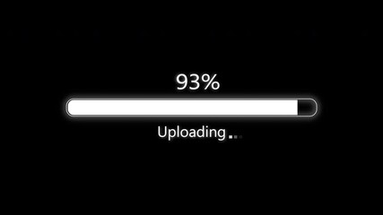 Animated minimal icon overlay of uploading progress bar filling from 0 to 100 percent on black background. Symbol of file transfer, data sync or cloud upload interface. Concept: uploading progress.