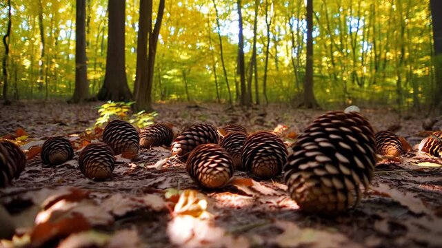 Low angle view of autumn forest floor filled with pine cones and fallen leaves illuminated by warm sunlight streaming through trees.