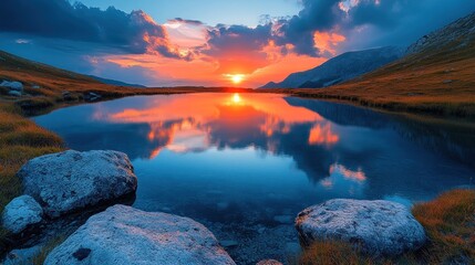 Serene mountain lake sunset reflection