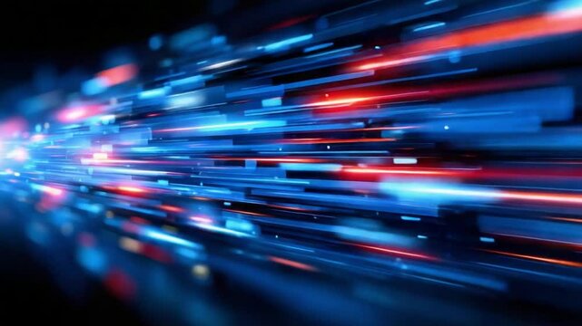 Data Flow in Motion: Vivid, abstract representation of data flow and transfer. Bright streaks of red, blue, and white lines blur through dark blue background. Depicting speed and efficiency.