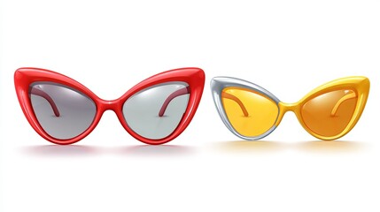 Cateye sunglasses in red yellow silver Isolated 3D icon set Summer fashion illustration
