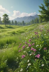 Obraz premium Lush meadow, flowering plants, vibrant green, summer's day , nature, photography, plant