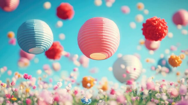 A field of flowers with many different colored lanterns floating in the air. The lanterns are of various sizes and colors, creating a vibrant and lively atmosphere. Concept of joy and celebration