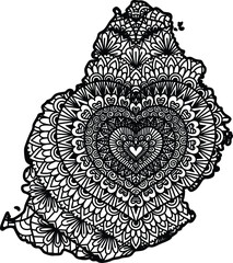 Mandala hearted shape inside Mauritius Island map for design element. Vector illustration.
