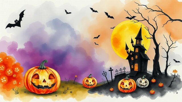 Stimmungsvolles Halloween-Aquarell mit K&uuml;rbissen, Geisterhaus, Katzen und Flederm&auml;usen. Kreatives Design f&uuml;r Einladungen, Poster oder saisonale Gr&uuml;&szlig;e.