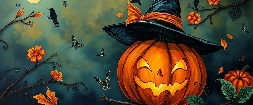 L&auml;chelnder K&uuml;rbis mit Hexenhut vor Vollmond und Flederm&auml;usen. Perfekt f&uuml;r gruselig-sch&ouml;ne Halloween-Designs mit einem Hauch Humor.