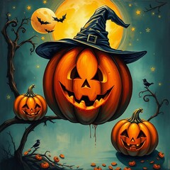 L&auml;chelnder K&uuml;rbis mit Hexenhut vor Vollmond und Flederm&auml;usen. Perfekt f&uuml;r gruselig-sch&ouml;ne Halloween-Designs mit einem Hauch Humor.