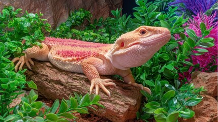 Fototapeta premium Bearded Dragon Pet. Exotic Lizard on Branch with Greenery in Terrarium. Reptile Portrait.