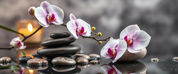 Elegante wei&szlig;e pinke Orchideen auf glatten Steinen in Zen-Atmosph&auml;re. Ideal f&uuml;r Spa-, Wellness- oder Entspannungsdesigns mit nat&uuml;rlicher Harmonie.