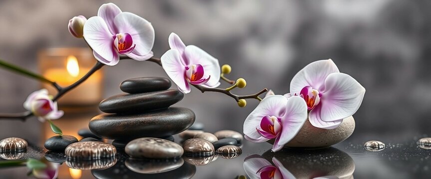 Elegante wei&szlig;e pinke Orchideen auf glatten Steinen in Zen-Atmosph&auml;re. Ideal f&uuml;r Spa-, Wellness- oder Entspannungsdesigns mit nat&uuml;rlicher Harmonie.