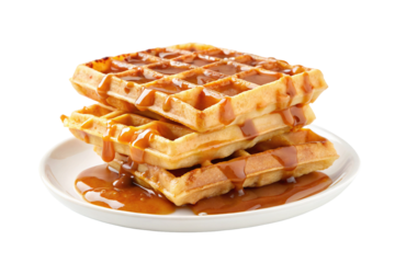 A stack of three waffles on a white plate covered in caramel sauce ready to be eaten for breakfast on transparent background