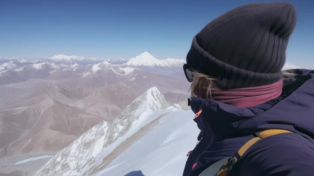 Reaching the summit, a climber captures stunning panoramas of distant peaks under a bright blue sky. The serene beauty of nature offers a rewarding moment of triumph