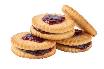A stack of three round jam filled cookies with a fourth cookie leaning against the stack on black on transparent background