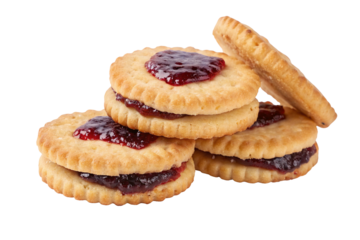 A stack of three round jam filled cookies with a fourth cookie leaning against the stack on black on transparent background