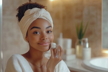 African american lady applying cream on dry elbows, caring for skin and body after shower, bathroom interior. Beauty and wellness concept